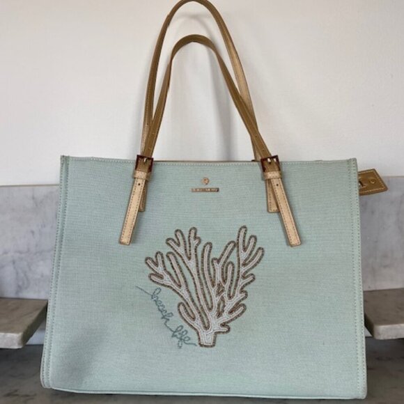 SPARTINA 449 beach life Beaded Coral Linen Blue Gold Tote Shoulder Bag - Picture 1 of 17